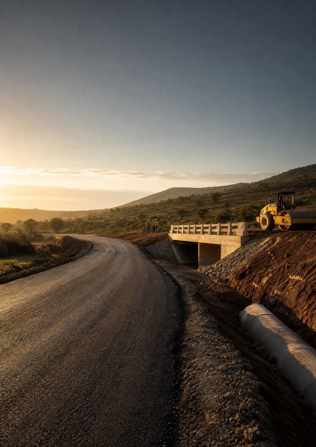 Rural road and culvert bridge construction at sunrise